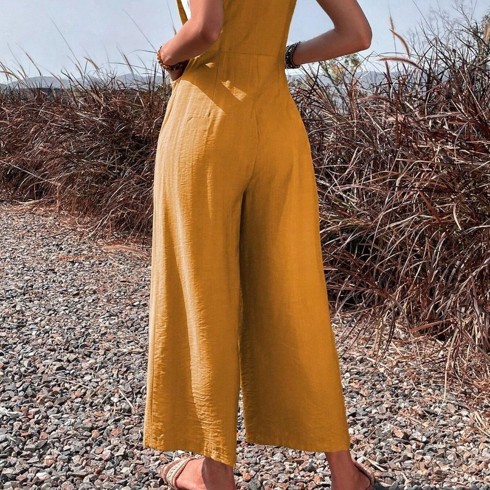Yellow Boho Womens Solid Pocket Overall Jumpsuit - Picture 2 of 5
